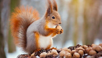 Naklejka na ściany i meble A cute squirrel holding a nut, forest animal