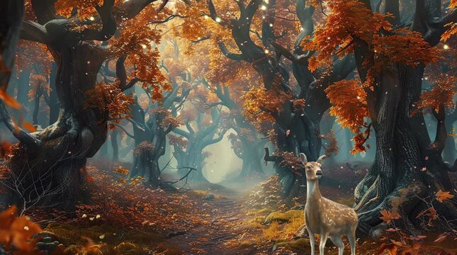 Majestic deer roaming through a fantasy autumn forest, surrounded by vibrant foliage and enchanting scenery Seamless looping 4k time-lapse virtual video animation background. Generated AI