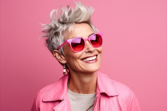 portrait of a beautiful middle aged woman wearing pink sunglasses over pink background