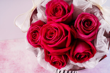Dark pink roses bouquet high angle view