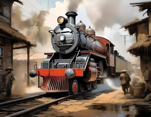 comic art drawing of a steam locomotive in a vintage Chinese village. generative ai