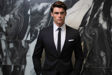 A handsome male model in sleek business attire, exuding confidence, standing against a polished marble wall.