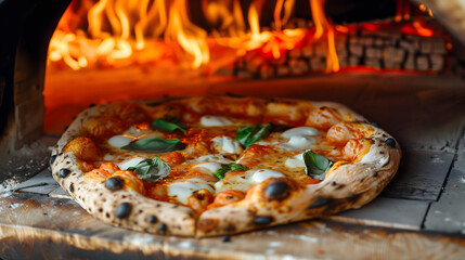 Wood fired homemade margherita pizza with cheese tomato and Italian basil out of oven.