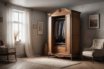 A weathered wooden wardrobe with a vintage glass panel accents the aged brown facade of a village house