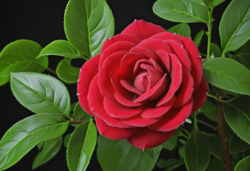 Set red rose with green leaves, beautiful flower