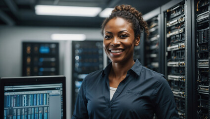 Ingegnere informatico donna di origini afro-americane vestita con una camicia sorride in sala server - obrazy, fototapety, plakaty