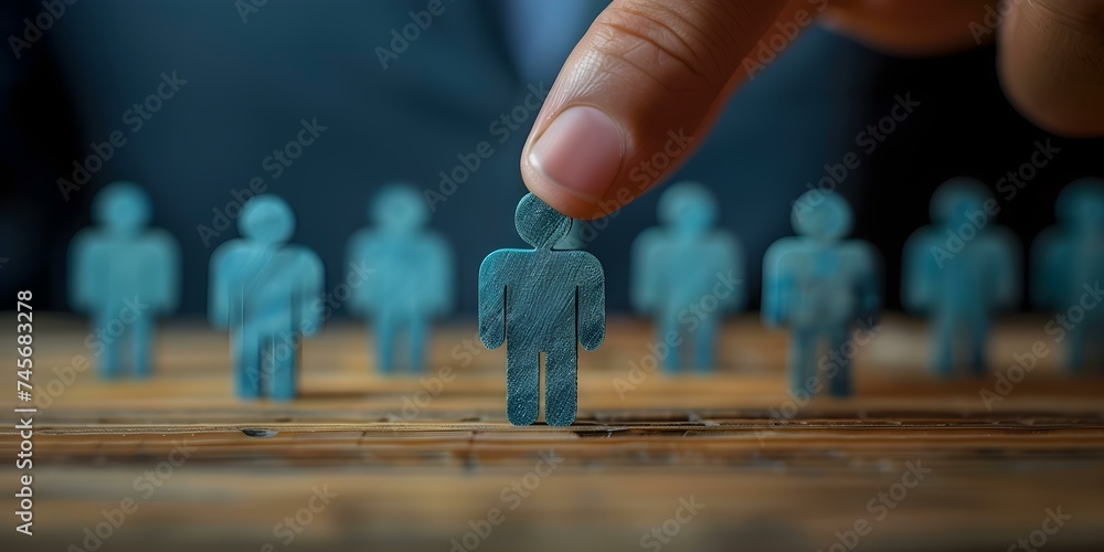 Poster selecting highlighted digital candidate from a line of figures using finger. concept product managem