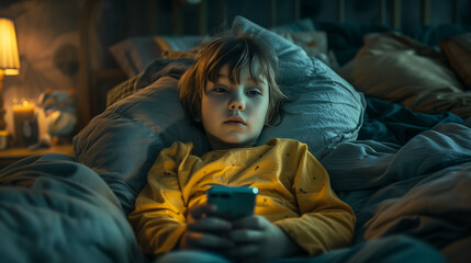 A tired child can't sleep, glued to a mobile phone,  struggling with insomnia and addiction to social media - obrazy, fototapety, plakaty