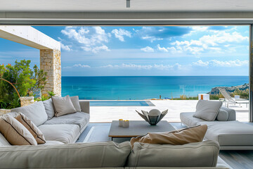 View from the inside of modern interior on terrace with an aluminium folding door, sea and beach in...