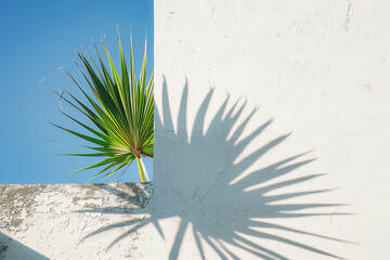 palm tree leaf casting shadow on clear white wall, with some sky visible, bright colors (7)