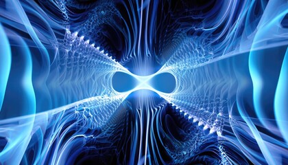 A vibrant blue fractal wave pattern radiates from a futuristic technology interface