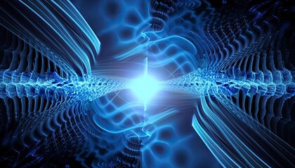 A vibrant blue fractal wave pattern radiates from a futuristic technology interface