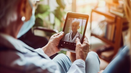telemedicine concept, elderly patient with tablet pc during an online consultation with his doctor in his living room - obrazy, fototapety, plakaty