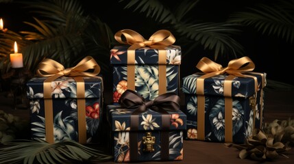 Obraz premium Assorted colorful gift boxes with matching ribbon bows, perfect for holiday season presents