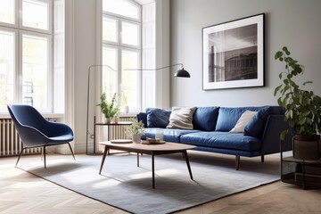 Dark blue sofa and recliner chair in scandinavian apartment. Interior design of modern living room. Created with generative AI, Generative AI