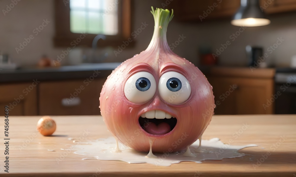 Poster a cheerful onion character with a big smile sits on a kitchen counter, bringing a playful twist to t