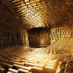 a 3d rendering of a tunnel made of gold cubes