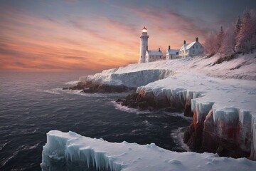 Winter Lighthouse Sunset Glow - obrazy, fototapety, plakaty