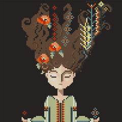 An image resembling a cross-stitch pattern in the form of a pixelated drawing of a girl in a Ukrainian embroidered shirt with long hair decorated with flowers on a dark background