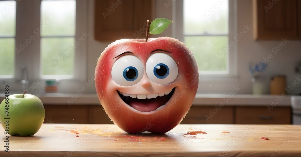 Poster a mischievous apple character is splattered with juice, creating a humorous and dynamic scene on a w
