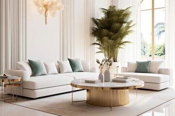 Cozy white sofa and golden coffee table. Interior design of modern luxury living room. Created with generative AI, Generative AI