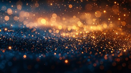Abstract background with dark blue and gold particles, Bokeh golden and blue sparkles, on navy blue background, holiday background, golden and blue glittering confetti