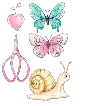 Watercolor set of butterfly, snail. Romantic wildlife fauna. Spring garden insects