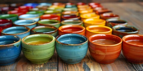 Preparing neatly lined up soup bowls for a community donation drive. Concept Community Service, Soup Drive, Catering, Food Donations, Charity Event