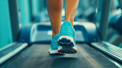 Closeup of feet running on treadmills at gym.