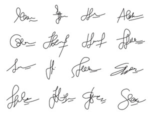 Hand-drawn signatures,set fictitious contract signatures business autograph illustration.