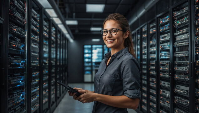 Ingegnere informatico donna vestita con una camicia sorride in sala server