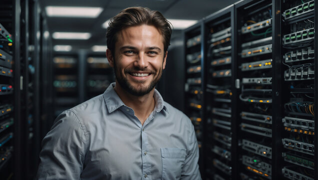 Ingegnere informatico vestito con una camicia sorride in sala server
