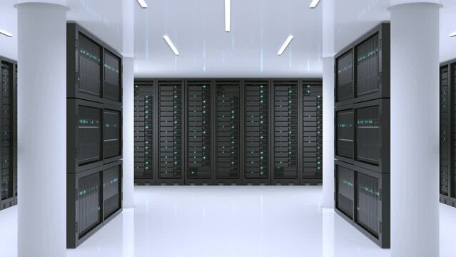 White server room in futuristic datacenter. Camera moves through many server racks storing and computing big data. 3D animation.