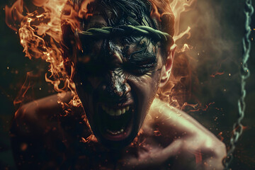 Man suffering hellish tortures, addiction, drug withdrawal concept - obrazy, fototapety, plakaty