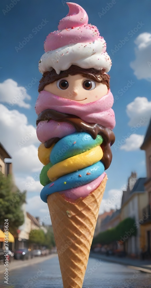 Poster a playful and whimsical ice cream cone with a smiling character face and colorful scoops. the cheerf