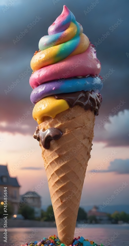 Poster a playful and whimsical ice cream cone with a smiling character face and colorful scoops. the cheerf
