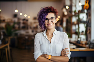 A young cheerful woman with purple hair and punk hairstyle and glasses stands in a guitar shop...