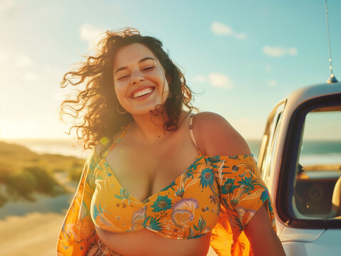 A vibrant plus-size woman with curly hair smiles joyfully, wearing a floral summer outfit next to a vehicle on a sunny beach day, summer vacation concept