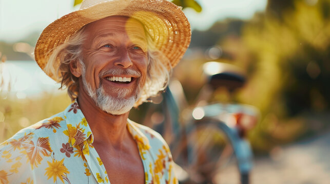 A cheerful senior man with a straw hat and a bright floral shirt laughs heartily outdoors on bicycle journey.