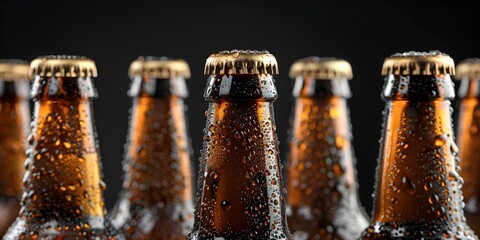 Neat row of cold beer bottles ready for a party display. Concept Beer Bottle Display, Party Setup, Cold Refreshments, Festive Decor, Summer Celebrations