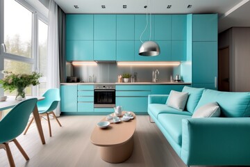 Turquoise kitchen in studio apartment. Interior design of modern living room. Generative AI