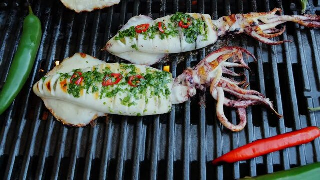 Squids on the cast iron grill barbecue. Seafood. Squids on grill. Top view