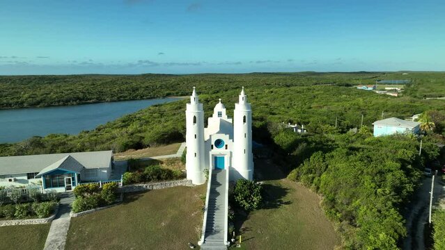 Aerial view: Catholic Church Saint Peters and Saint Paul, Long island, Clarence Town, Bahamas