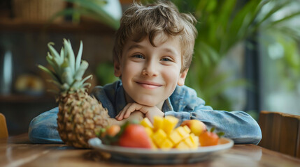 Closeup of a beautiful toddler boy with curly hair, sitting at a kitchen table full of raw ananas...