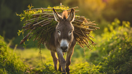 Donkey or mule carrying a heavy load pack, domestic farm animal transport, walking in the rural village or countryside outdoors on a sunny day