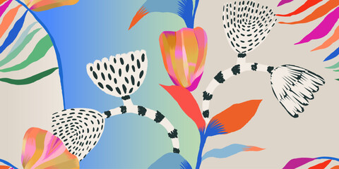 Abstract exotic playful flowers pattern. Juicy tropical contemporary seamless pattern. Hand drawn unique print.