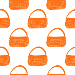 Eco-friendly wicker straw empty color basket for garden and home. For egg hunting on Easter, picnics in nature, going to the grocery store. Hand drawn vector illustration. pattern, seamless