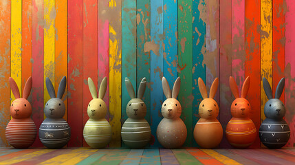 Osterdekoration, Ostereier aus Holz, Bunte Eier mit Hasenohren, Konzept Ostern