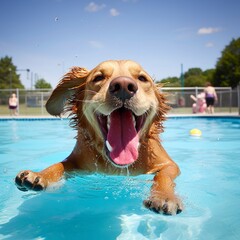 a dog having fun at a local pool, Generative AI