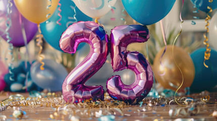 Balloons and decor. The birthday is 25 year old.